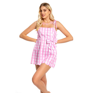 2023 Barbie, Margot Robbie Barbie rosa Sommer Kleid mit Gitter Muster Cosplay Kostüm