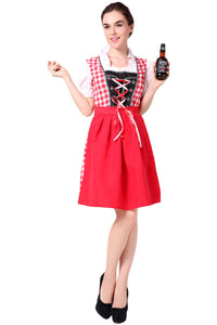Oktoberfest Dirndl Damen Trachtenkleid mit Schürze Cosplay Kostüm Blau Rot